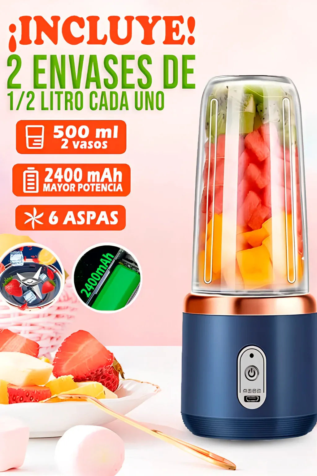 LICUADORA PORTATIL RECARGABLE DE 500 ml ¡TU BATIDO AL MOMENTO!