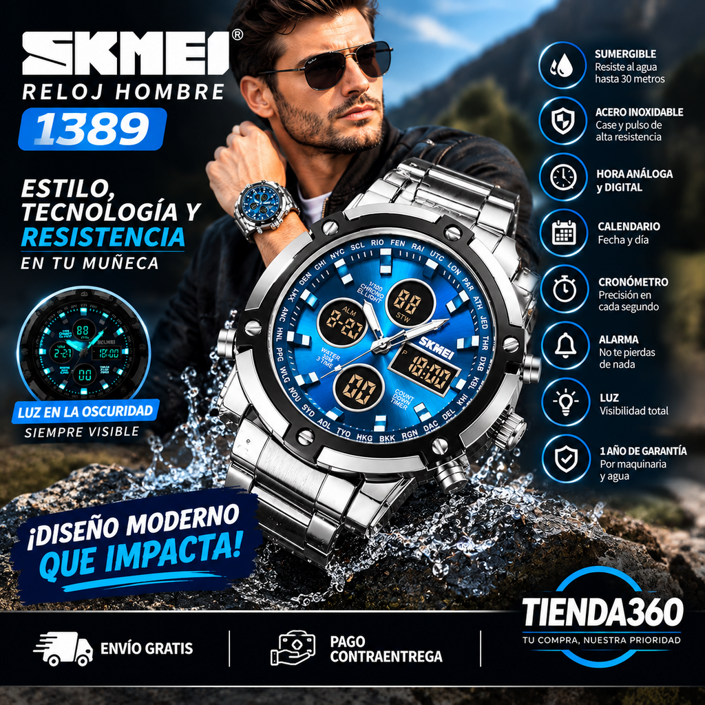 Reloj Hombre SKMEI 1389 Premium Acero Inoxidable Digital y Análogo
